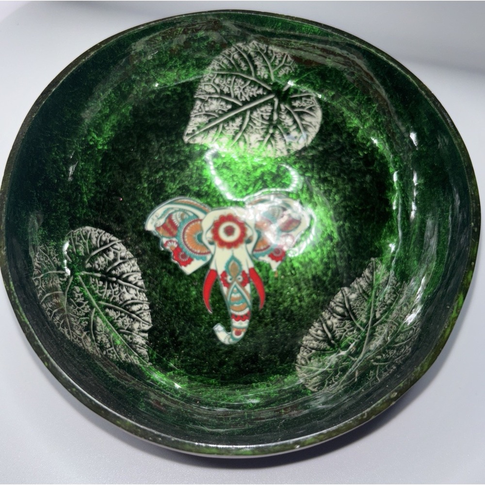 Coconut Shell Trinket Bowl‎ Elephant Stamp Green Iridescent Artisan